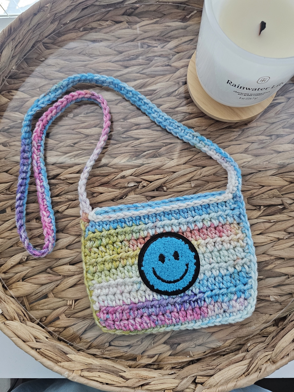 Handmade Multicolor Crochet Crossbody Bag with Blue Smiley Patch